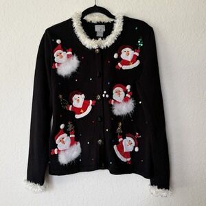 Berek Ugly Christmas Sweater 3D Cardigan Women Large Black Beaded Faux Fur Santa